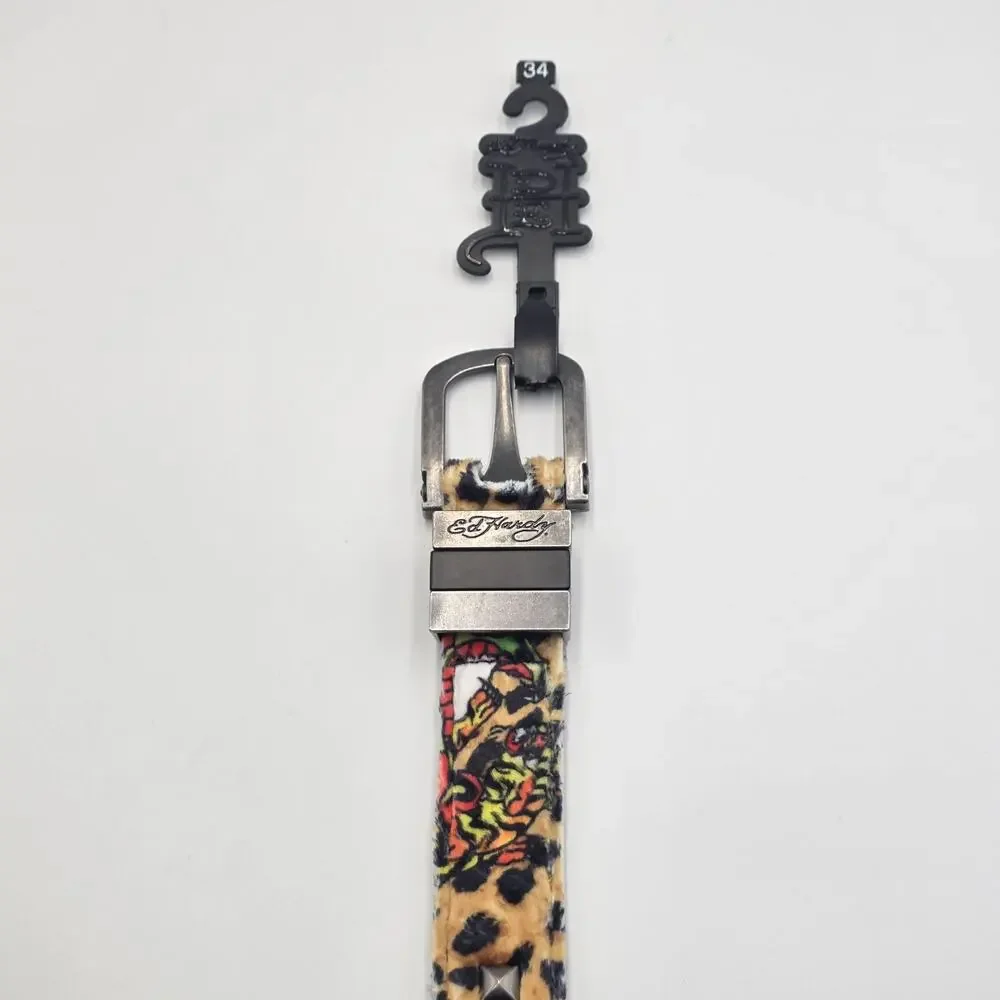 Ed Hardy Men's Size 34 Faux Fur Belt Leopard Print Plush Studded New